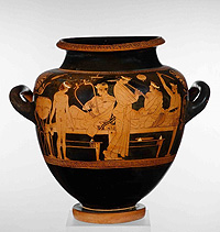 Bild: Das Idealbild eines gesitteten Symposions. Attisch rotfiguriges Weinmischgefäß, Ton, um 430 v. Chr., © Staatliche Antikensammlungen und Glyptothek München, Renate Kühling